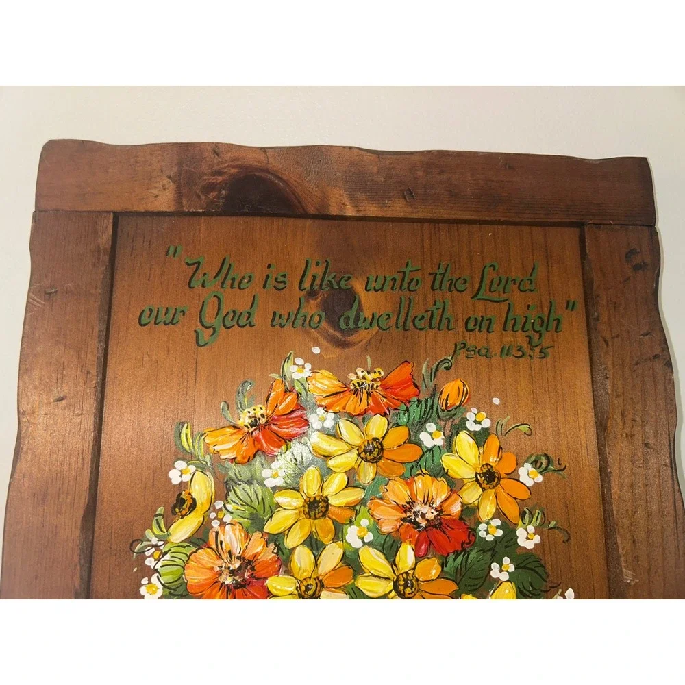 Vintage J Weir Hand Painted Wood Plaque Floral Psalm 113:5 Scripture Wall Art